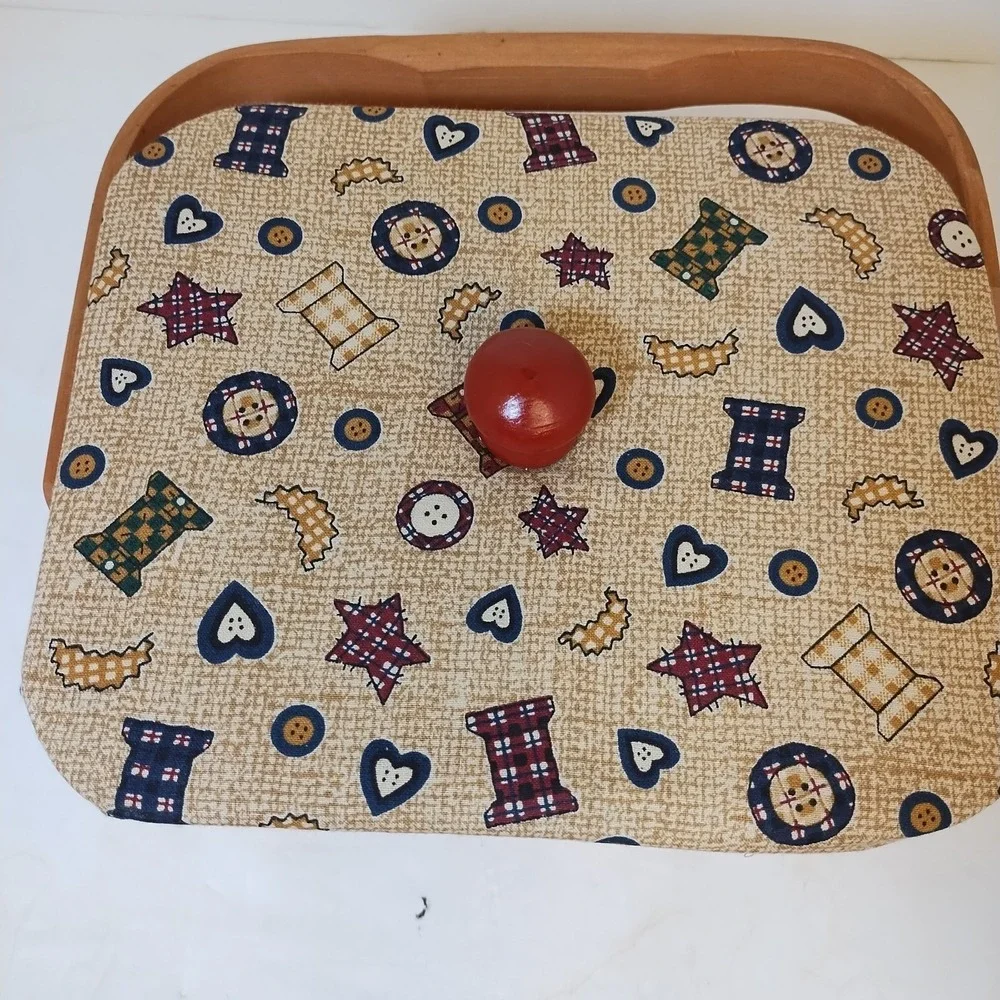 Sewing Basket Single Handle Woven Wood With Fabric Covered‎ Lid Red 8x7x5
